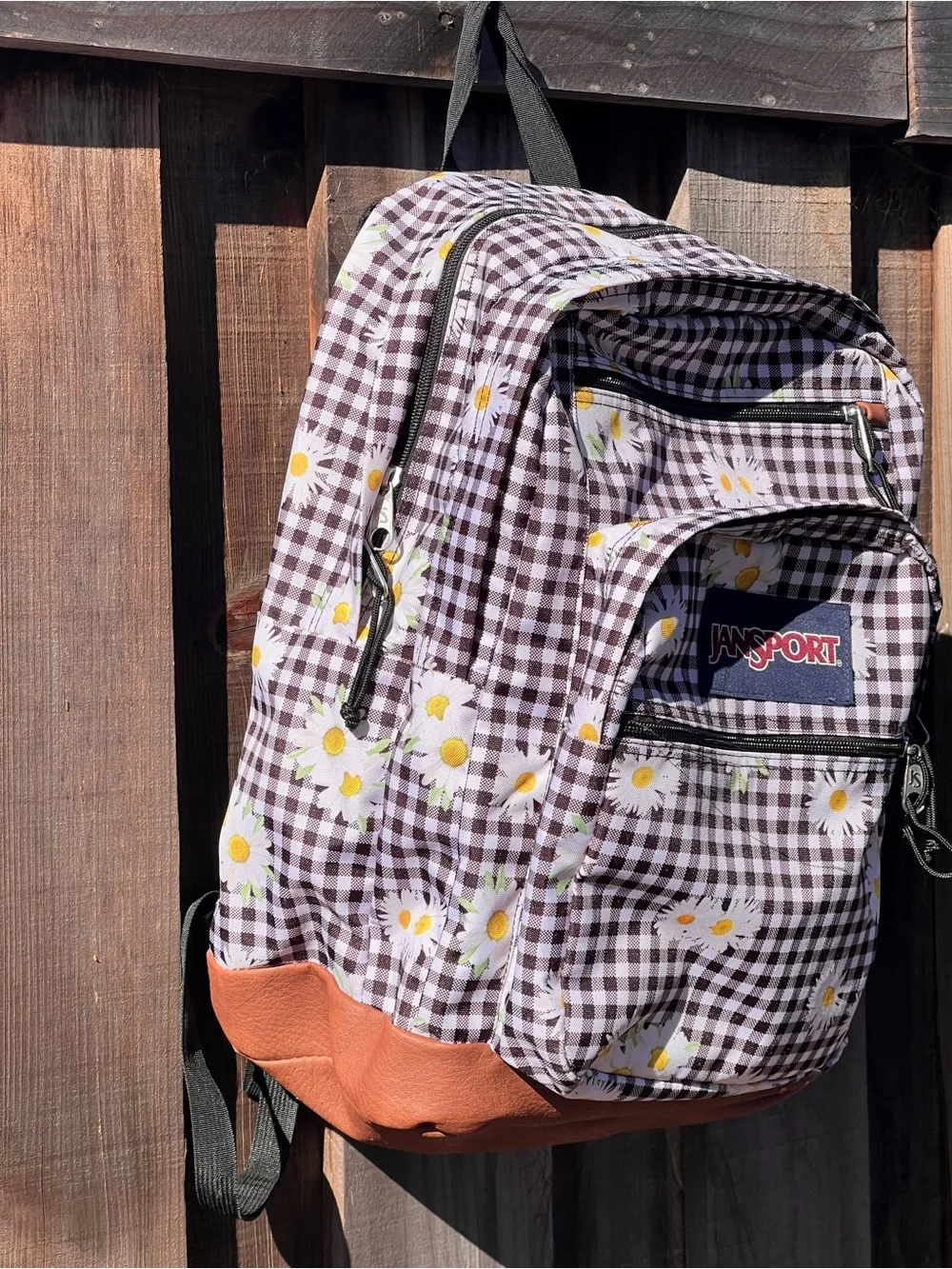 Jansport Brown Gingham Daisy Kids Backpack with Tan Faux-Leather Base
